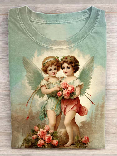 Unisex Vintage Valentine's Day Angel Art Painting Print Casual Short Sleeve T-Shirt