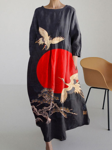 Crane and Sunrise Japanese Art Vintage Long Sleeve Midi Dress