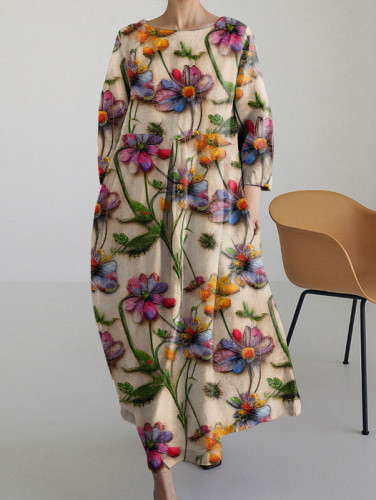 Floral Embroidery Art Vintage Long Sleeve Midi Dress