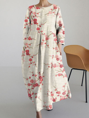 Japanese Plum Blossom Art Retro Long-sleeved Loose Midi Dress