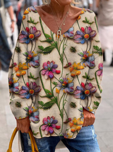 Colorful Art Embroidered Floral Print Long Sleeve Top
