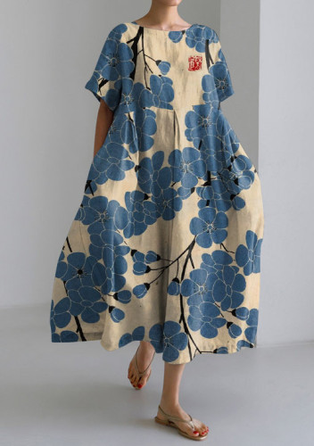 Elegant Plum Blossom Japanese Art Short Sleeve Midi Dress