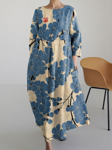 Elegant Plum Blossom Japanese Art Long Sleeve Midi Dress