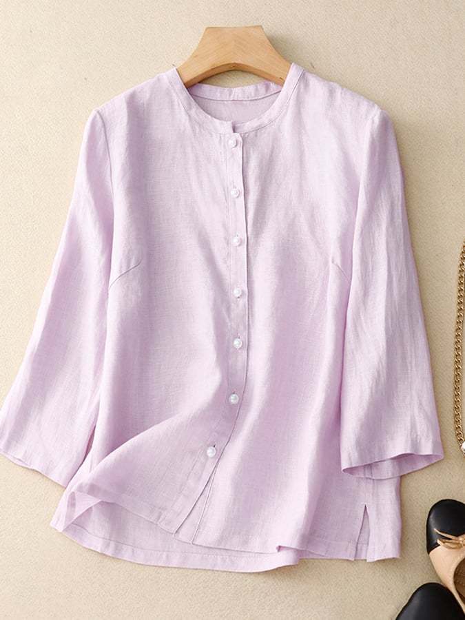 Solid Round Neck 9-Point Loose Fitting Shirt