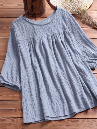 Solid Cotton And Linen Round Neck Casual Top