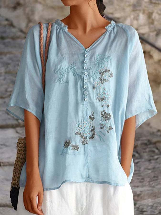V-Neck Mid Sleeve Side Of Fungus Embroidery Shirt