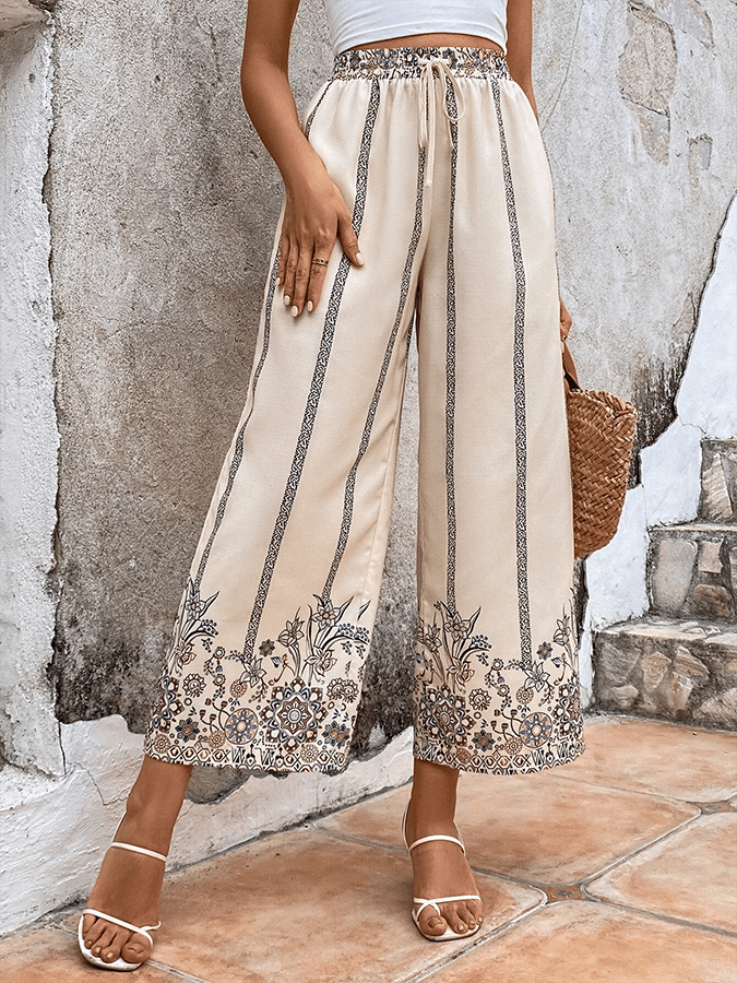Linen Floral Print Resort Loose-Leg Pants