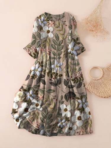 Women's Vintage Floral Embroidery Design Printed Dress