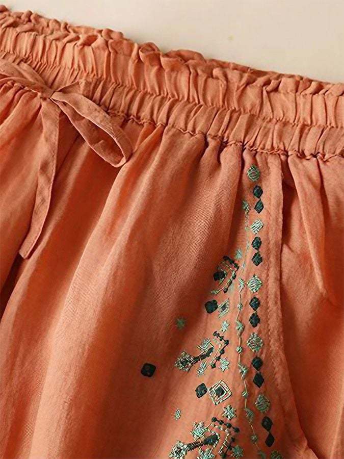 Cotton Linen Embroidered Mid-length Loose Artistic Casual Skirt