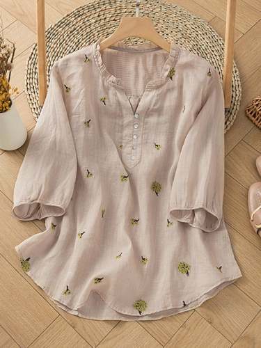 Solid Color Embroidered Button Casual Top