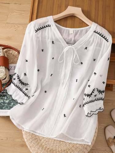 Cotton Linen V-Neck Tie Embroidered Casual Shirt