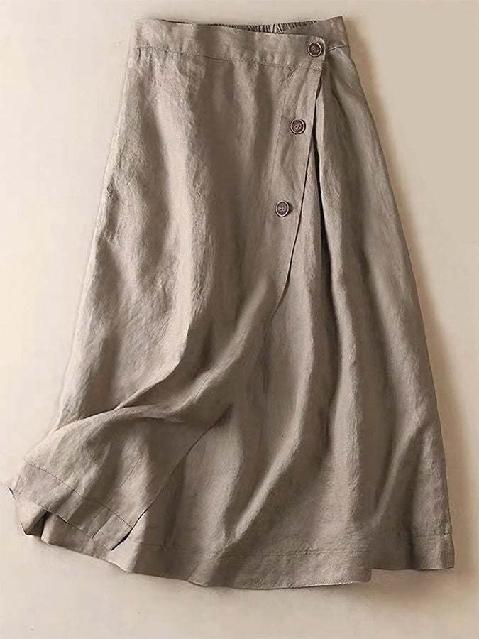 Cotton Linen Button Half Elastic Waist Casual Skirt