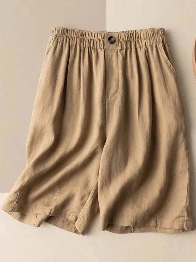 Loose Casual Cotton Linen Button Wide Leg Quarter Shorts