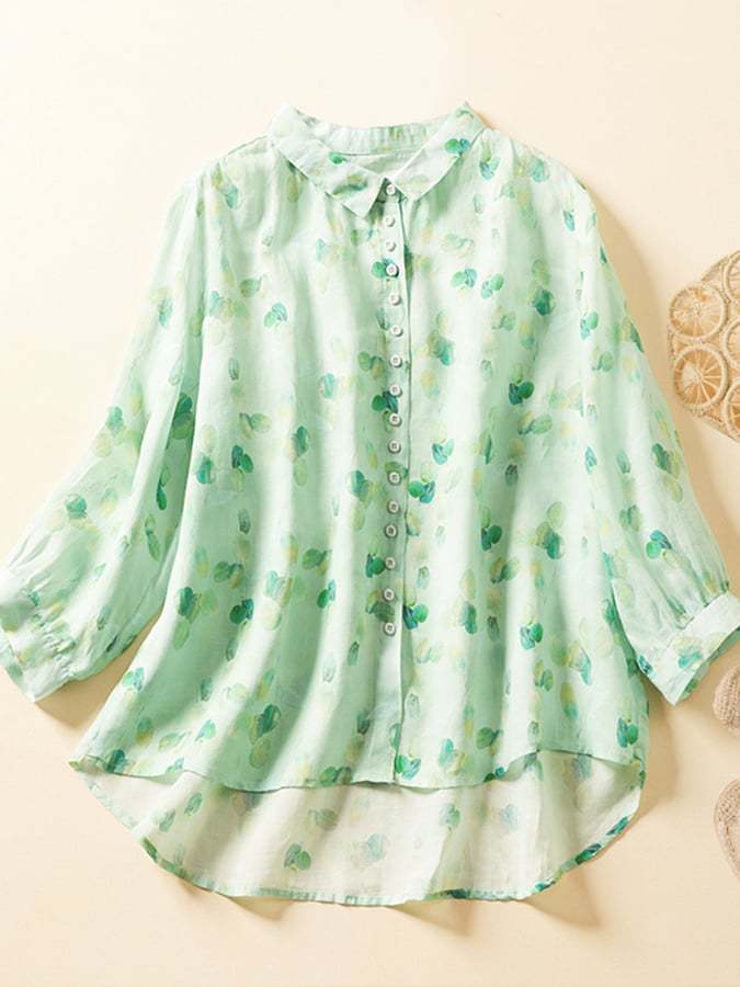 Cotton And Linen Printed Lapel 3/4 Sleeve Loose Shirt