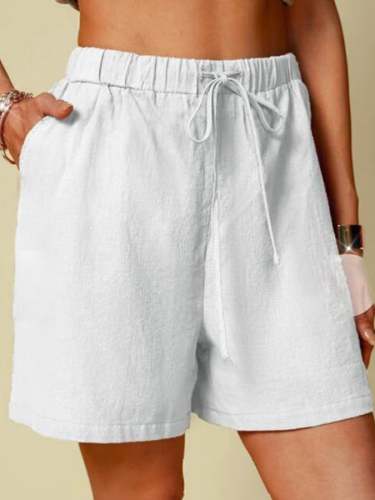 Women's Cotton Linen Solid Color Loose Casual Pocket Elastic Waist Lace-Up Shorts