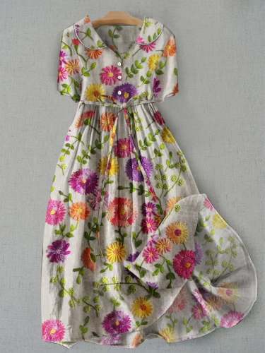 Women's Vintage Floral Embroidered Print Doll Neck Lace Up Dress