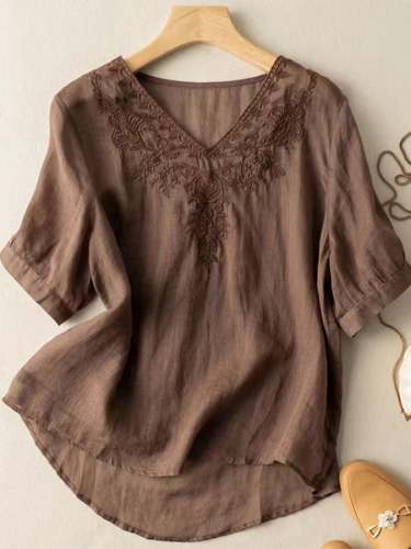 Cotton And Linen V-neck Embroidered Loose Shirt