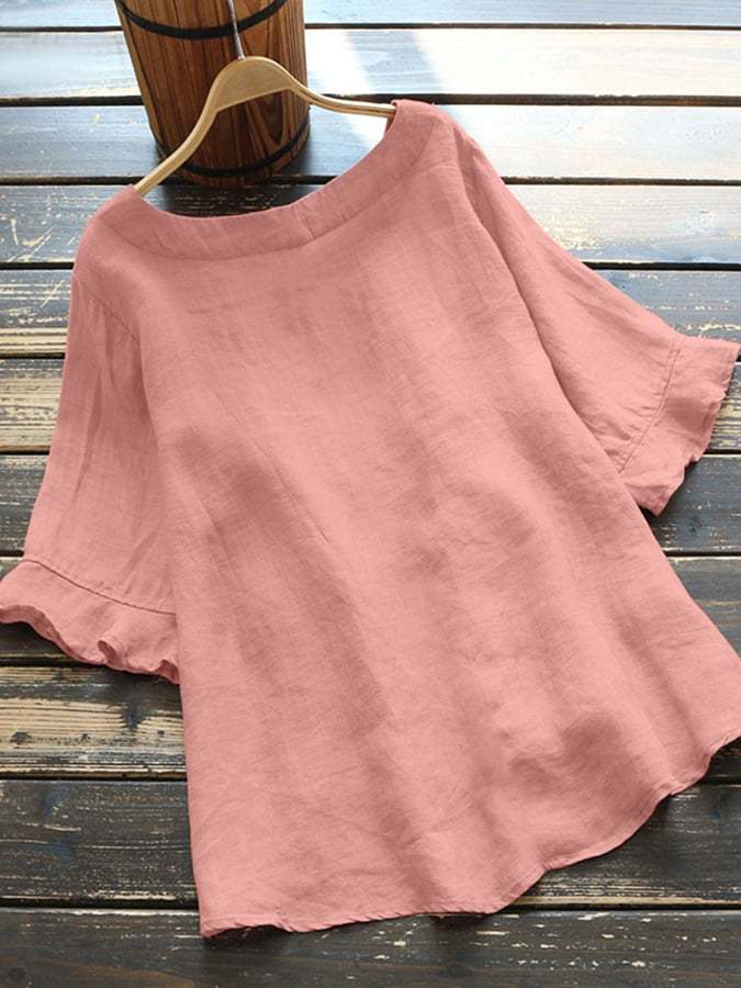 Solid Cotton And Linen Round Neck Waist Casual Top