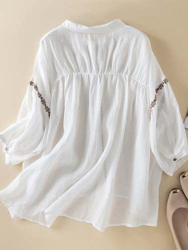 Cotton Linen Loose Embroidered Lapel Shirt