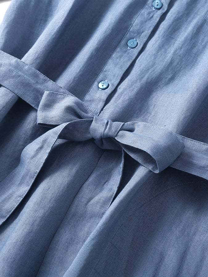 Cotton And Linen Solid Color Shirt Collar Belt Dress