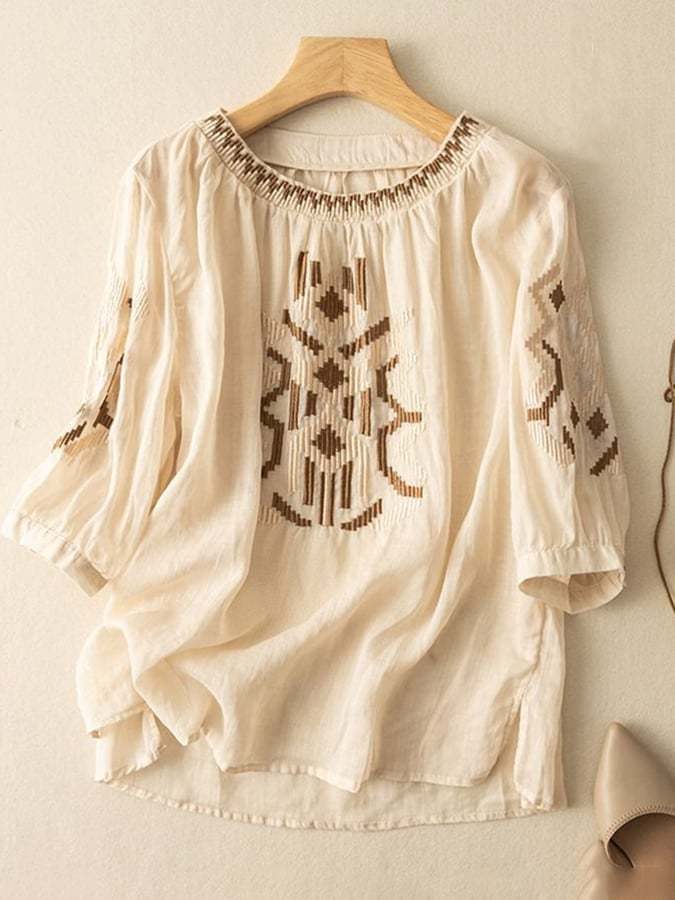 Embroidered Round Neck Pullover Casual Women's Shirt