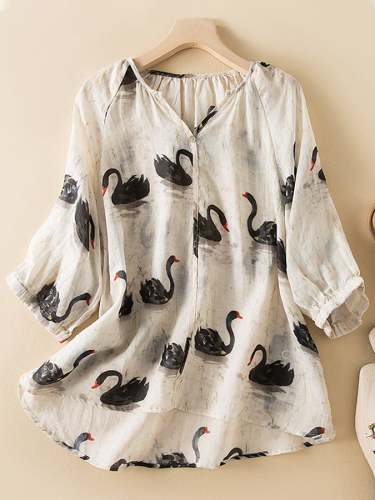Cotton And Linen Swan Print Casual Top