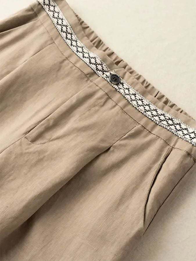 Cotton Linen Embroidered Semi-elastic Waist Wide-leg Pants