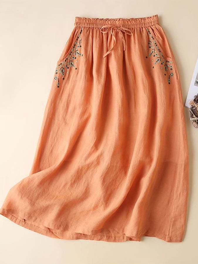 Cotton Linen Embroidered Mid-length Loose Artistic Casual Skirt