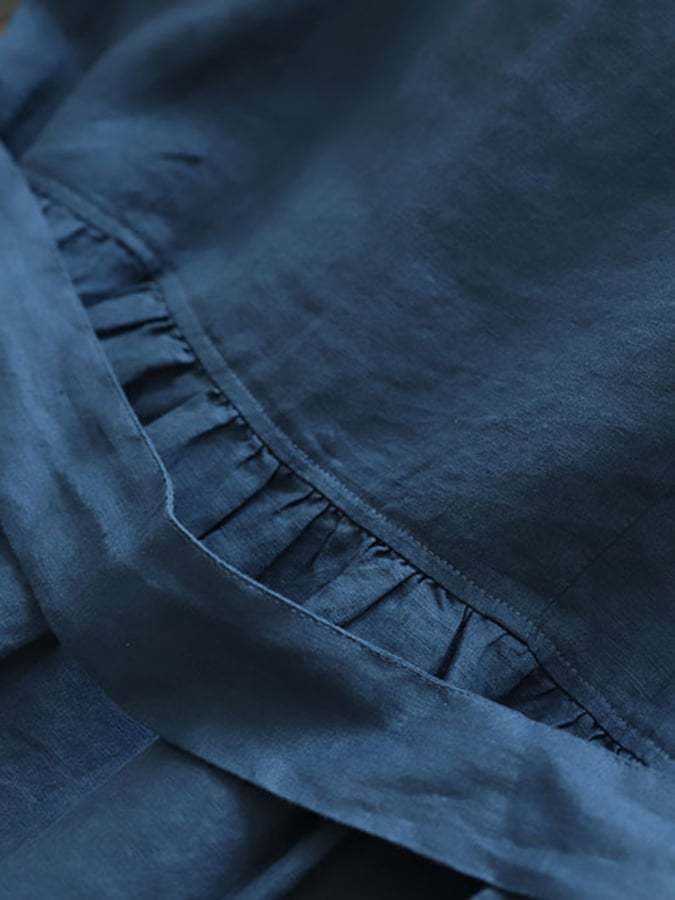 Cotton Linen Lapel Button Belt Solid Color Shirt Dress