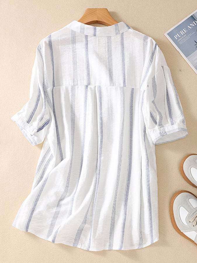 Cotton And Linen Print Striped Casual Top