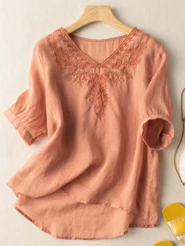 Cotton And Linen V-neck Embroidered Loose Shirt
