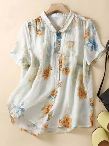 Cotton And Linen Short Sleeved Printed Retro Small Breasted Loose Shirt