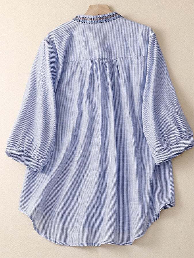 Cotton And Linen Striped Retro Embroidered Loose V-neck Shirt