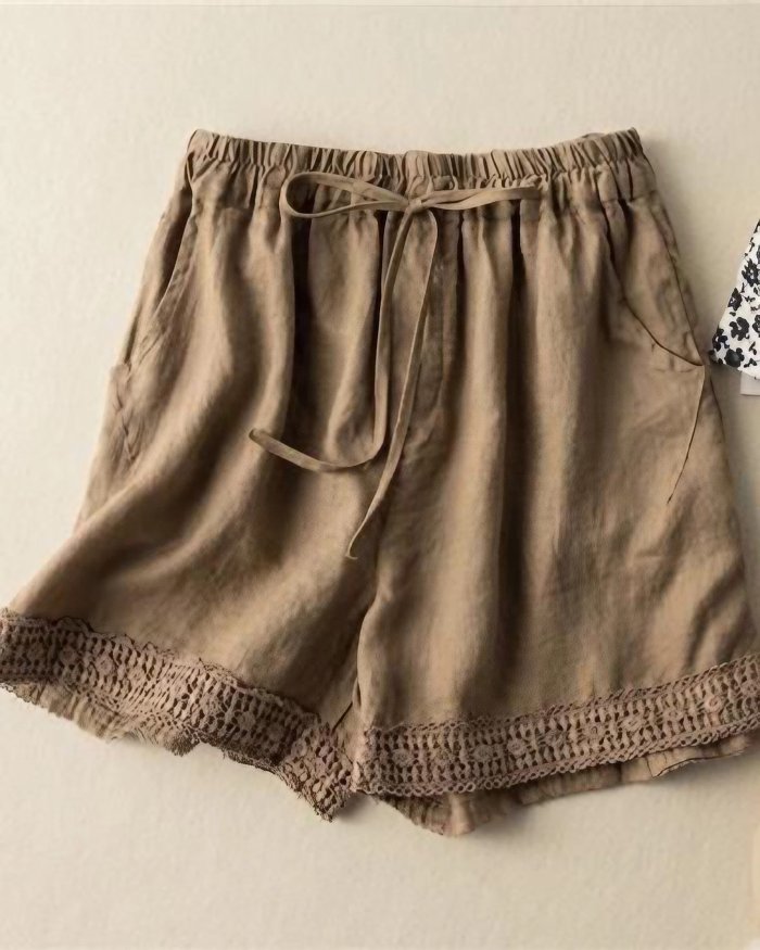 Cotton And Linen Retro Hook Flower High Waisted Shorts