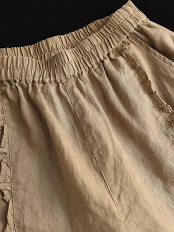 Cotton Linen Retro Wood Ear Stitching Casual Pants