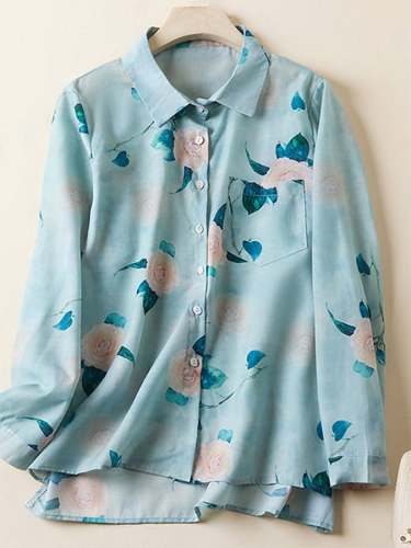 Polo Collar Printed Cotton Linen Shirt