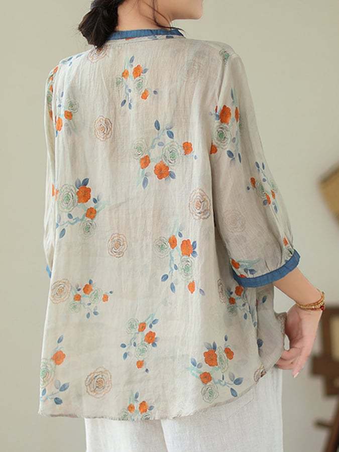 Cotton Casual Floral Mid Sleeve Frog Button Contrast Color Shirt