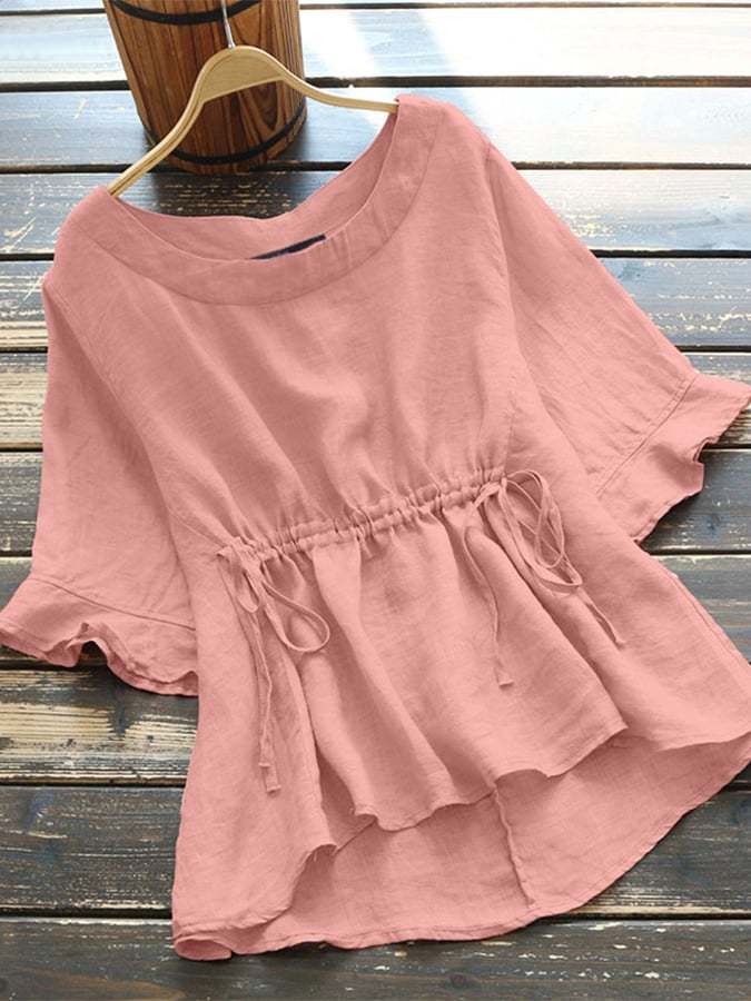 Solid Cotton And Linen Round Neck Waist Casual Top
