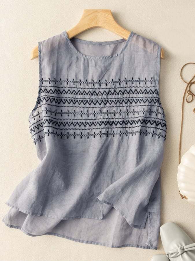 Retro Loose Sleeveless Embroidered Tank Top