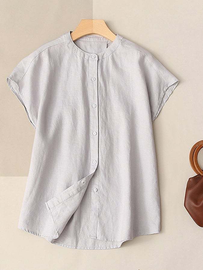 Solid Color Stand Collar Loose Short Sleeve Cotton Linen Shirt