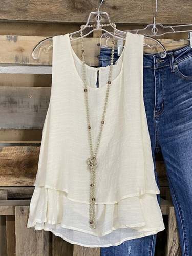 Casual Vest Fake Two-Piece Double Cotton Linen Sleeveless T-Shirt