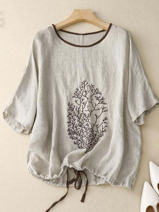 Retro Ethnic Loose Embroidery Colore Contrast Round Neck Shirt