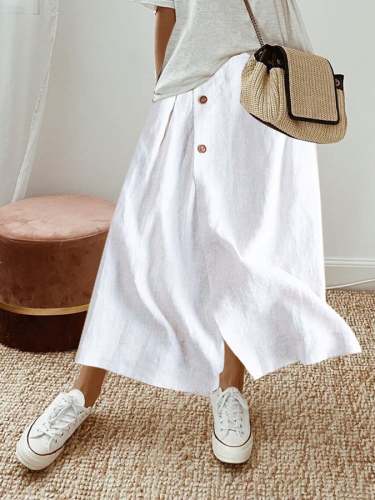 Cotton Linen Button Half Elastic Waist Casual Skirt