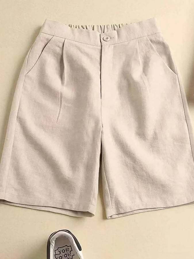 Cotton And Linen Elastic Waist Loose Straight Shorts