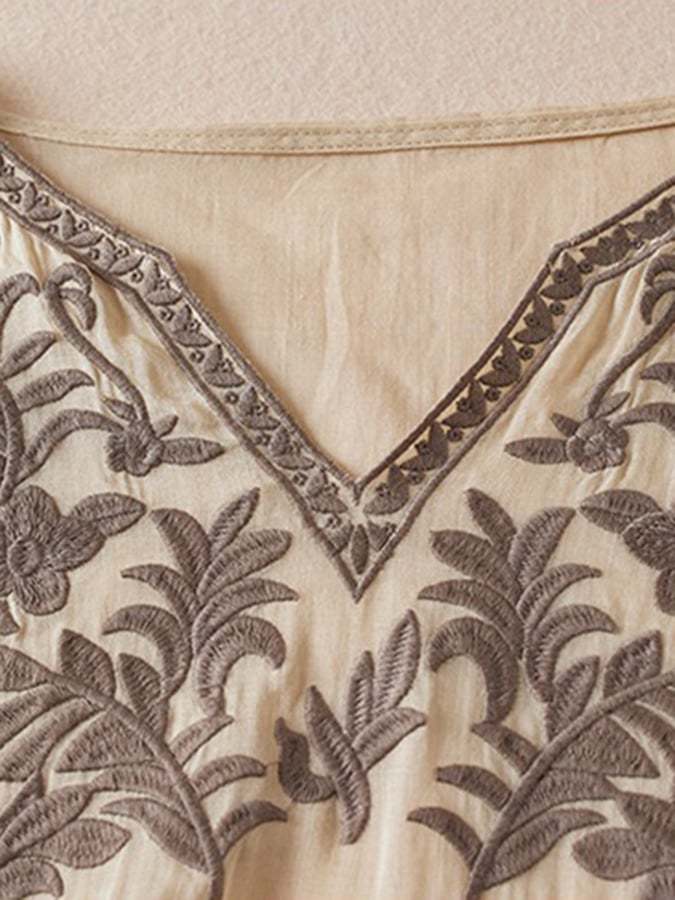 Women's Literary Retro Temperament Elegant Loose V-Neck Embroidery Two-Piece Dress