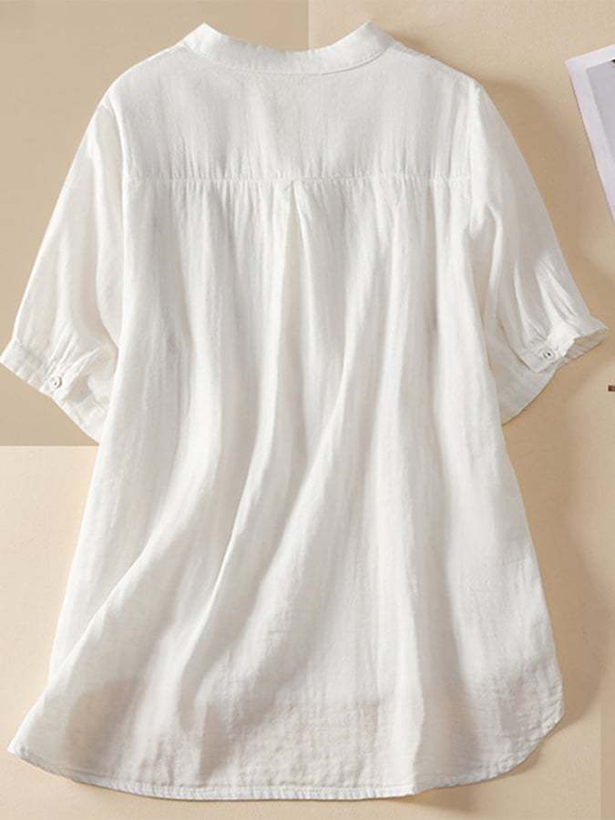 White Short Sleeved V-neck Embroidered Shirt