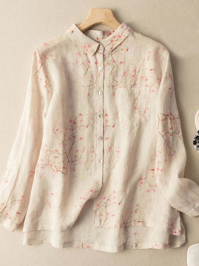 Polo Collar Printed Cotton Linen T-shirt