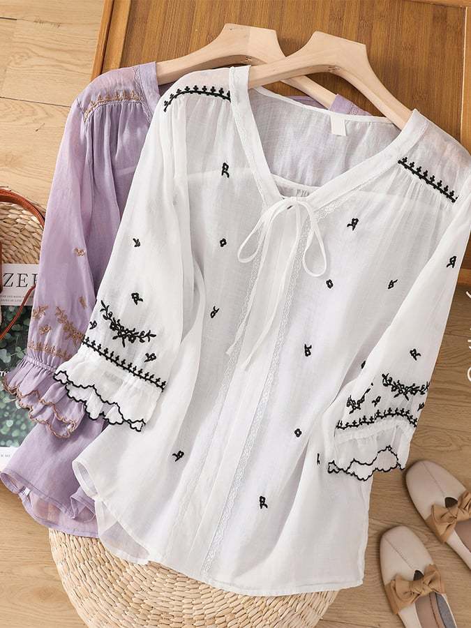 Cotton Linen V-Neck Tie Embroidered Casual Shirt