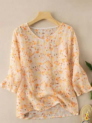 Cotton And Linen Printed Fresh V-neck Casual Top
