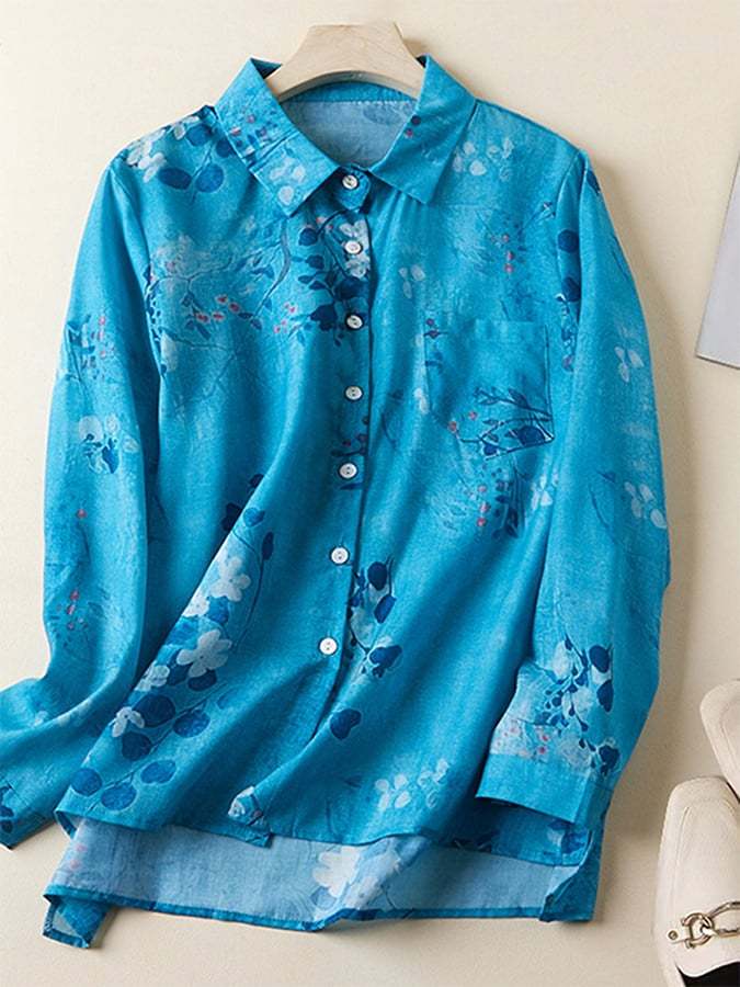 Polo Collar Printed Cotton Linen Shirt